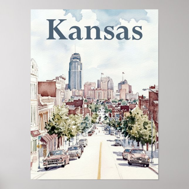 Póster Viaje de pintura acuarela de Kansas City (Frente)