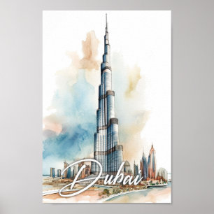 Póster Viaje de pintura de color de agua de Burj Khalifa