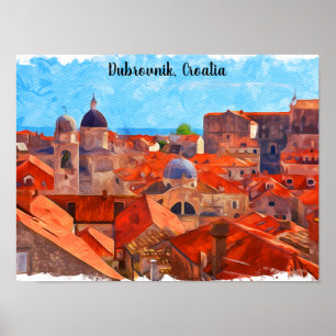 Póster Viaje de pintura de color de agua de Dubrovnik Cro