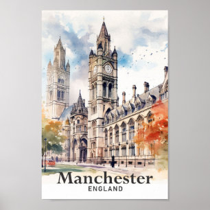 Póster Viaje de pintura de color de agua de Manchester En