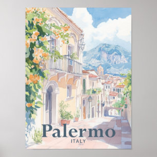Póster Viaje de pintura de color de agua de Palermo Itali
