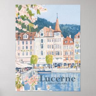 Póster Viaje de pintura de color de agua de Suiza Lucerne