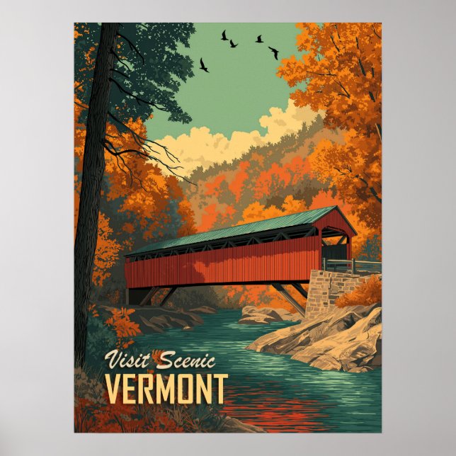 Póster Viaje de puente cubierto de Vermont Vintage (Frente)