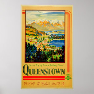 Póster Viaje de Queenstown Nueva Zelanda del vintage