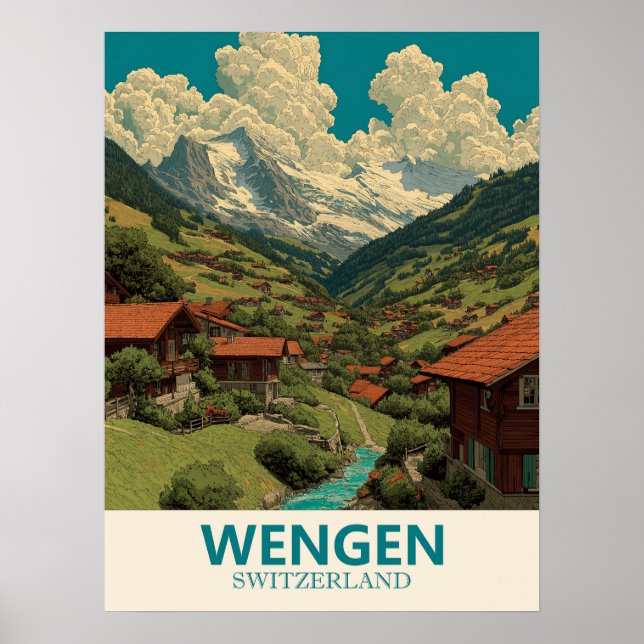 Póster Viaje de Vintage de Wengen Suiza (Frente)