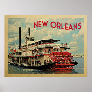 Póster Viaje de vintage en barco del río Louisiana