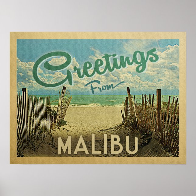 Póster Viaje de Vintage en Playa de Malibu (Frente)