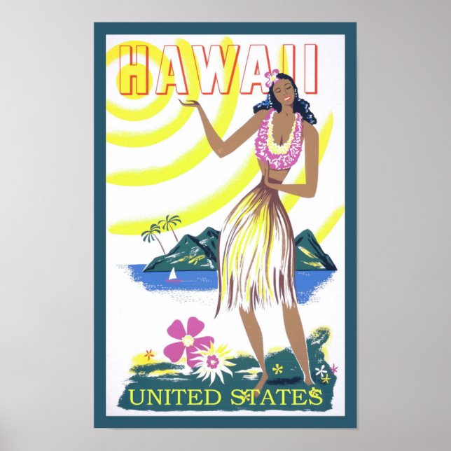 Póster Viaje de Vintage Hawái Dama Hawái (Frente)