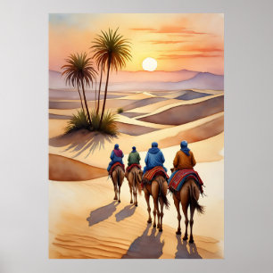 Póster Viaje del desierto al atardecer - Caravana de came