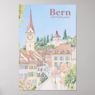 Póster Viaje del Ilustracion Bern Suiza Gouache Paint