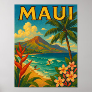 Póster Viaje del paraíso de surf Retro Maui Hawaii