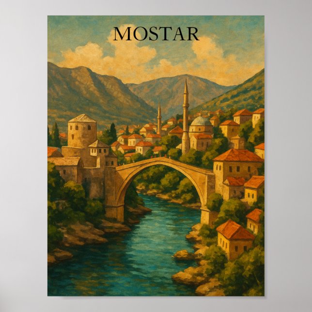 Póster Viaje del Viejo Puente Mostar de Bosnia (Frente)