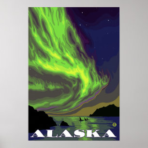 Póster Viaje del vintage de la aurora boreal y de las