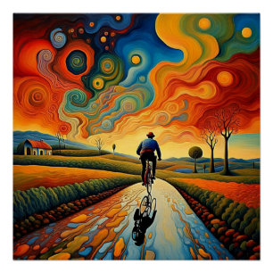 Póster Viaje en bicicleta al atardecer 1