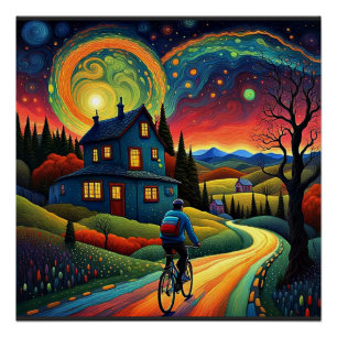Póster Viaje en bicicleta por noche estrellada 5