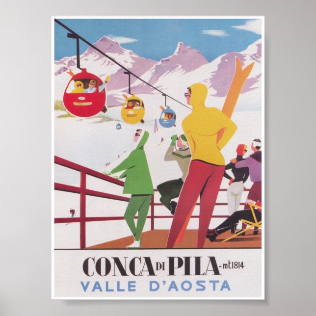 Póster Viaje en esquí de época de Conca di Pila Italia (Frente)