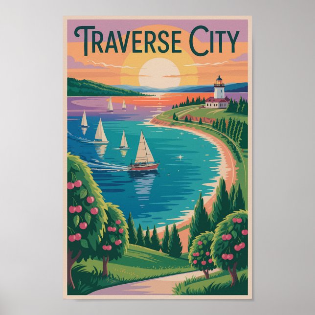 Póster Viaje en Ilustracion del lago Michigan de Traverse (Frente)