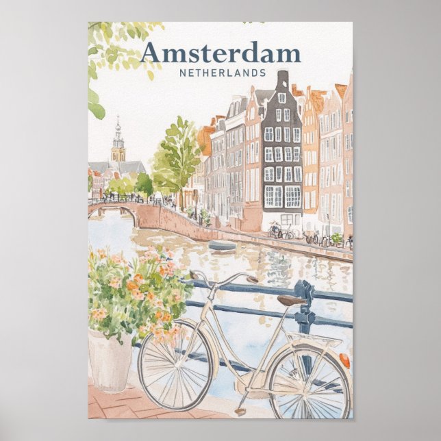 Póster Viaje en Ilustracion Gouache de Amsterdam Países B (Frente)
