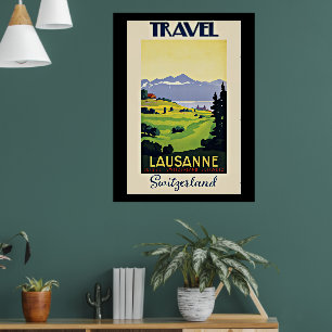 Póster Viaje en Lausana, afiche de la época de Suiza,