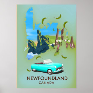 Póster viaje en mapa de Canadá de newfoundland