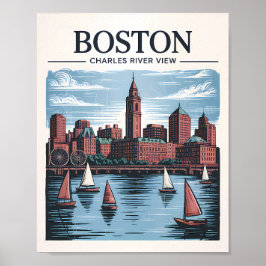 Póster Viaje en Skyline de Massachusetts en Boston Retro