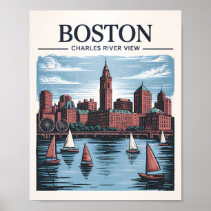 Póster Viaje en Skyline de Massachusetts en Boston Retro