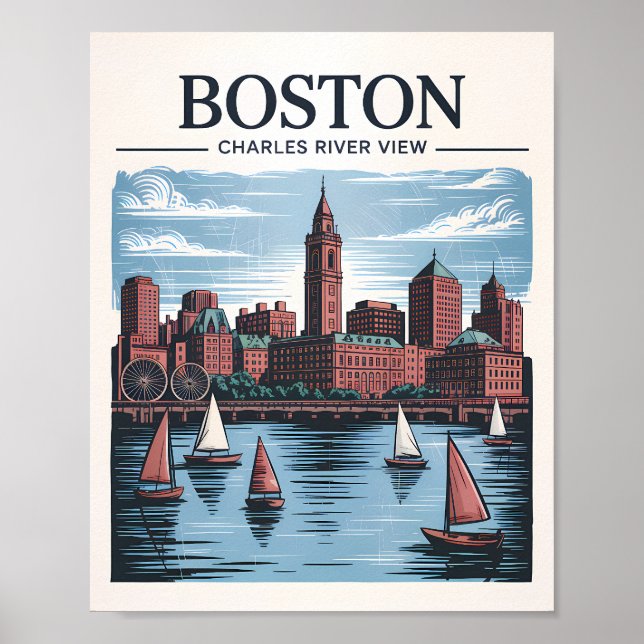Póster Viaje en Skyline de Massachusetts en Boston Retro (Frente)