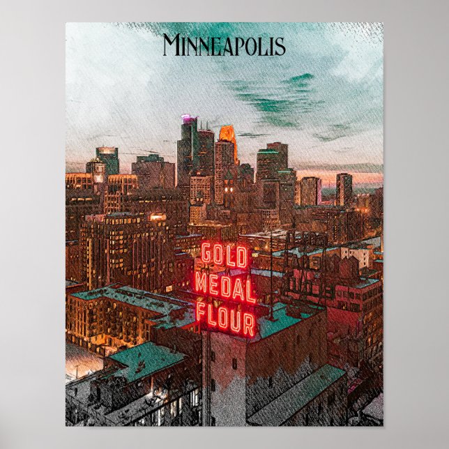 Póster Viaje en Skyline de Viaje de Minneapolis Minnesota (Frente)