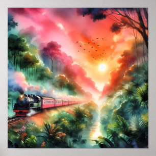 Póster Viaje en tren al atardecer tropical acuarela