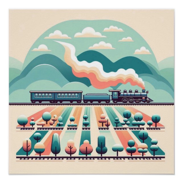 Póster Viaje en tren retro a través de paisajes surrealis (Anverso)