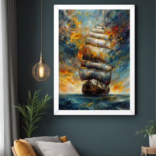 Póster Viaje feroz - Dramático barco de vela al atardecer
