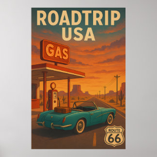 Póster Viaje por carretera de la ruta 66 - Viaje retro es
