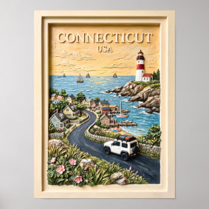 Póster Viaje por carretera vintage al faro costero de Con