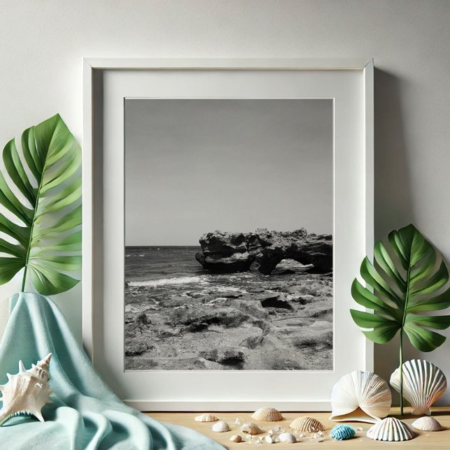 Póster Viaje por Florida Beach Photography (Black and white Florida travel photography poster of Blowing Rocks Coral Cove Beach Jupiter Florida)