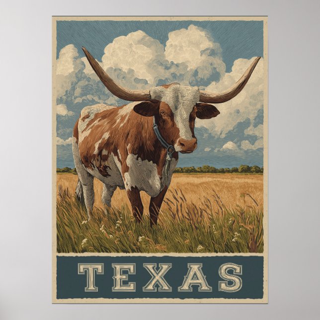 Póster Viaje retro de toro longhorn de Texas (Frente)
