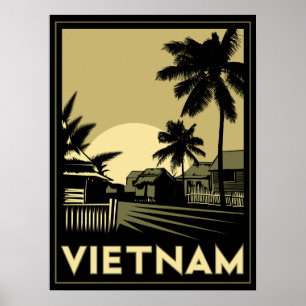 Póster viaje retro del art déco de Vietnam Asia