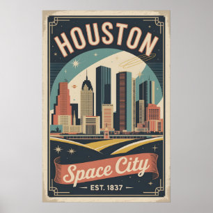 Póster Viaje Retro Vintage Houston Texas Ciudad Espacial