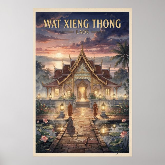 Póster Viaje vintage a Wat Xieng Thong Laos (Frente)