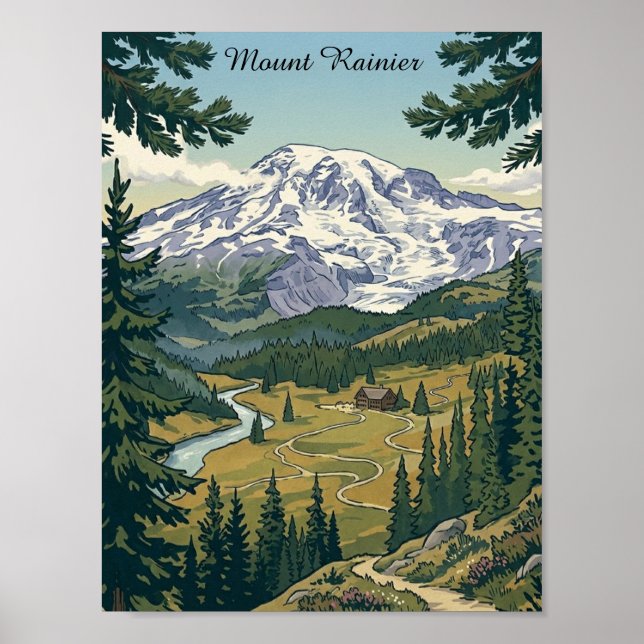 Póster Viaje vintage al Parque Nacional Mount Rainier (Frente)