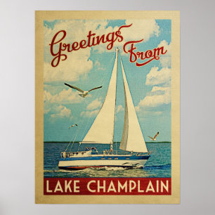 Póster Viaje Vintage en barco de vela Lake Champlain
