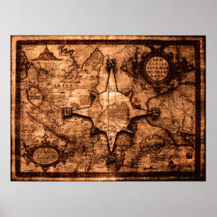 Póster Viajero del Mundo Antiguo - Rosa de mapas y brújul