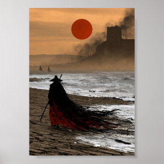 Póster Viajero Samurái de Fantasía Oscura en una Playa De