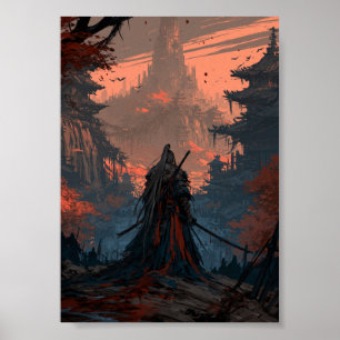 Póster Viajero Samurái de Fantasía Oscura Frente a un Dis