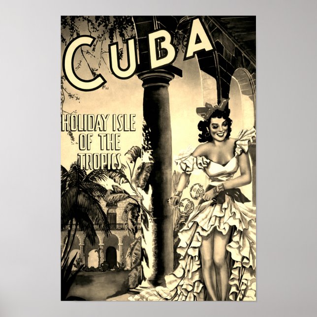 Póster Viajes cubanos vintage - Sepia, isla de vacaciones (Frente)