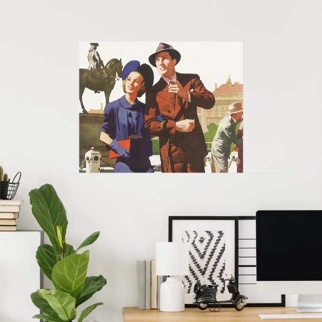 Póster Viajes de época, turistas en turismo de vacaciones (Oficina en casa)