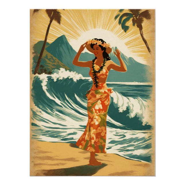 Póster Viajes de estilo hawaiano de época Honolulu Mid-Pa (Anverso)