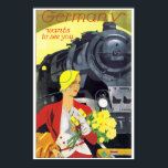 Póster Viajes de la vieja Alemania por anuncio de tren<br><div class="desc">Alemania Quiere Verte. Cartel vintage de viajes en tren en Alemania. Colores vivos y locomotora de vapor.</div>