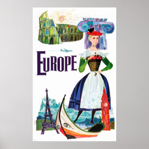 Póster Viajes de la Viñeta Europa París Venecia, Roma, Gr