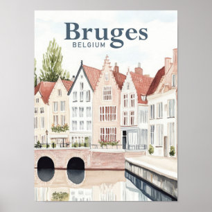 Póster Viajes de pintura de color de agua en Brujas Bélgi