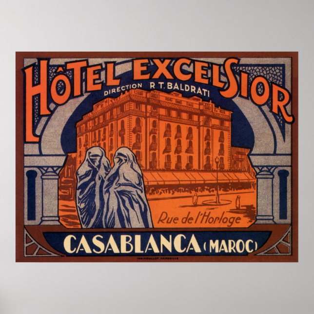 Póster Viajes de vintage, Casablanca en Marruecos, África (Frente)